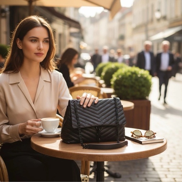 REBECCA MINKOFF Black Chains Leather Chevron Quilted Edie Bag R $298 - Picture 15 of 16